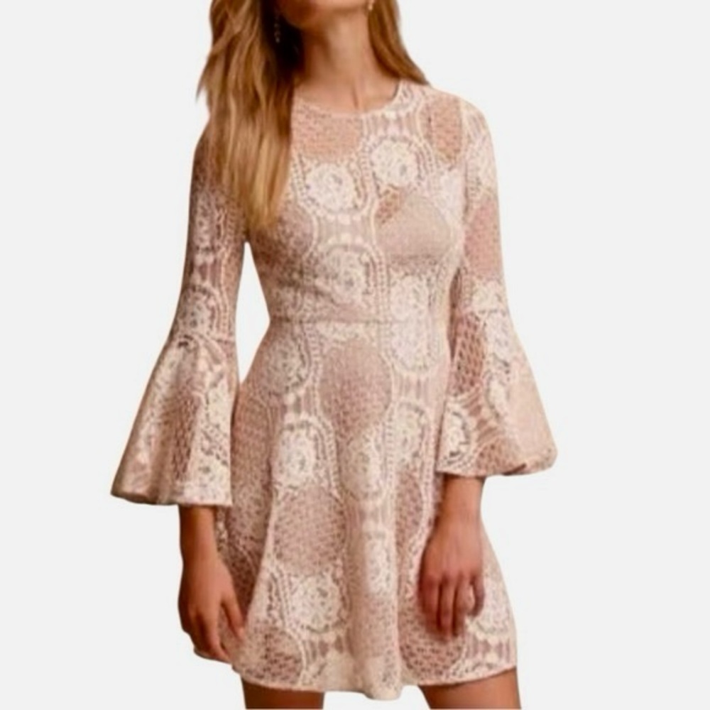 Donna Morgan Cream Lace Bell Sleeve Mini Dress